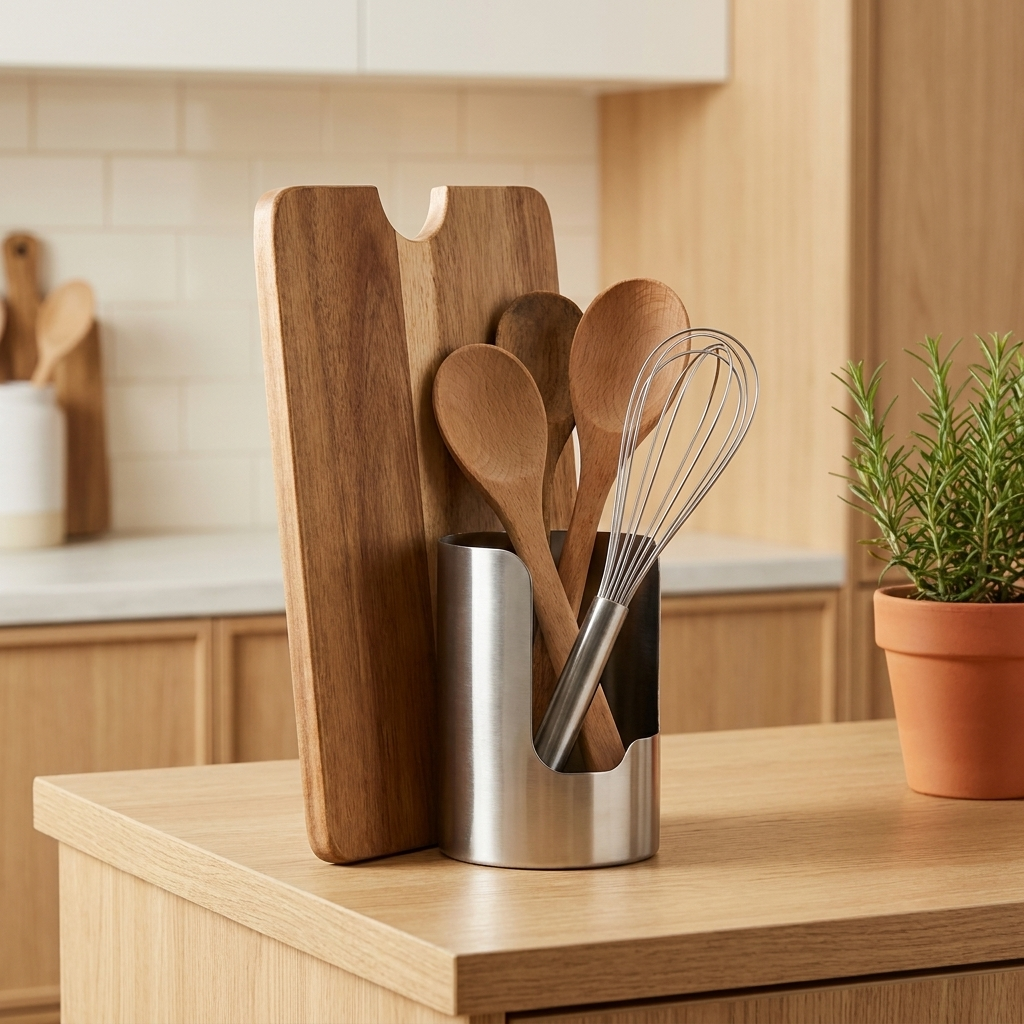 Chopping board slotted into the holder with utensils inside