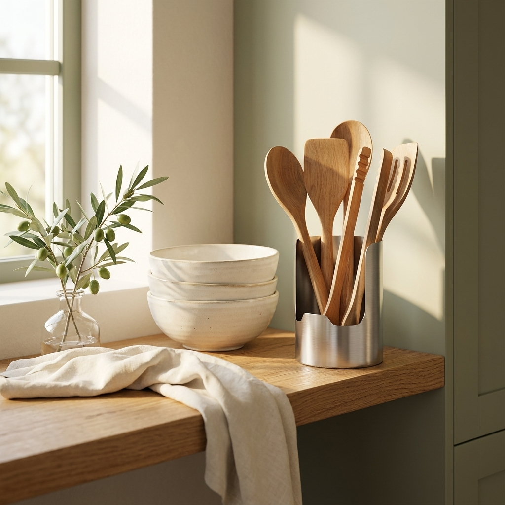 Utensil holder styled on a timber kitchen shelf with stoneware